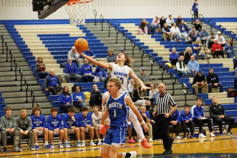 Geneva's Cody Rader goes in for a layup against Wheaton North on Friday, Feb.13,2026 in Geneva.