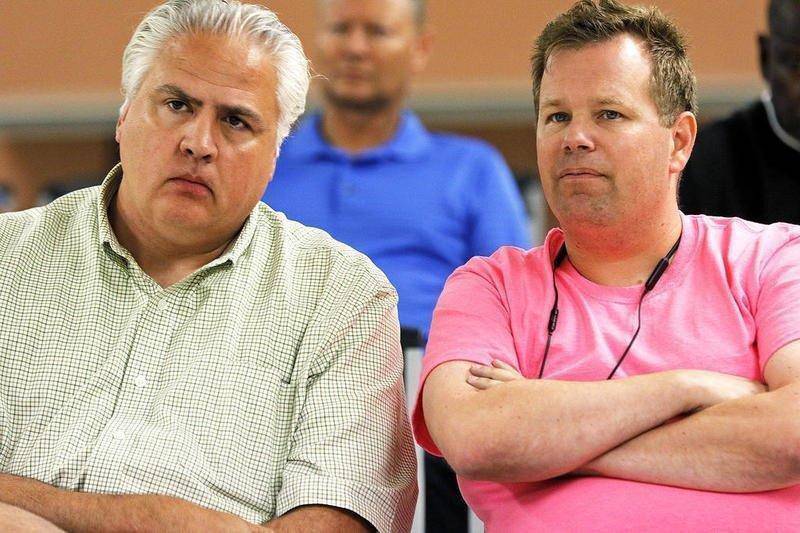 Woodstock attorney Robert Hanlon (left) and Algonquin Township Highway Commissioner Andrew Gasser attend an Algonquin Township board meeting in June 2017.