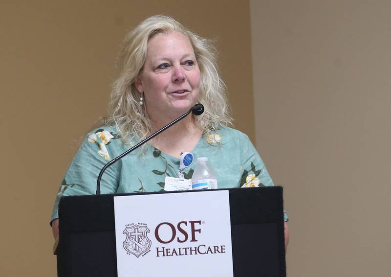 Dawn Trompeter, president of OSF St. Elizabeth Medical Center speaks during a blessing event of the new OSF Resilient Healing care program that will represent hope, healing and a renewed commitment to the recovery of sexual assault survivors in the I‑80 Region on Friday, May 30, 2025 at OSF HealthCare Saint Paul Medical Center in Mendota. 
OSF Resilient Healing care is offered at two locations: Ottawa and Mendota. These strategically chosen sites ensure that survivors throughout the region can get the care they need in a supportive, safe and accessible setting.