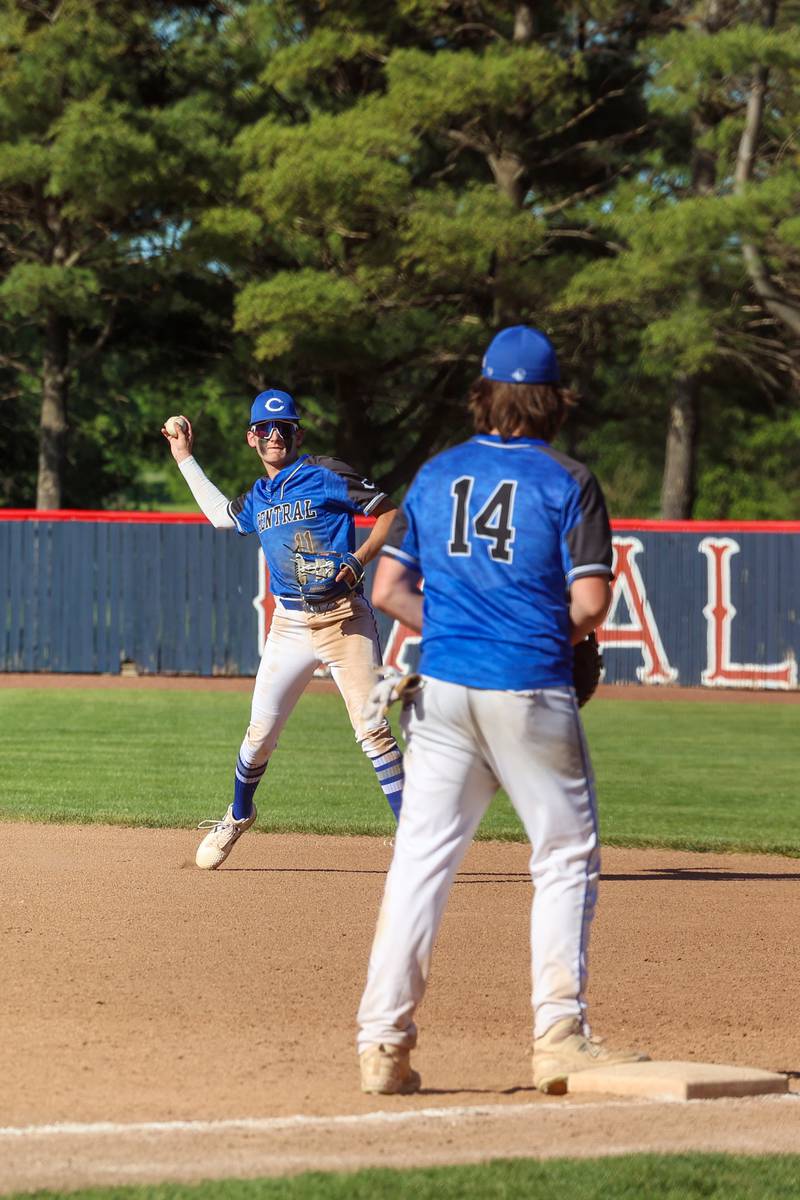 Clifton Central's Derek Meier throws to first for an out during Central's 8-4 victory over Kankakee on Monday, May 11, 2026.