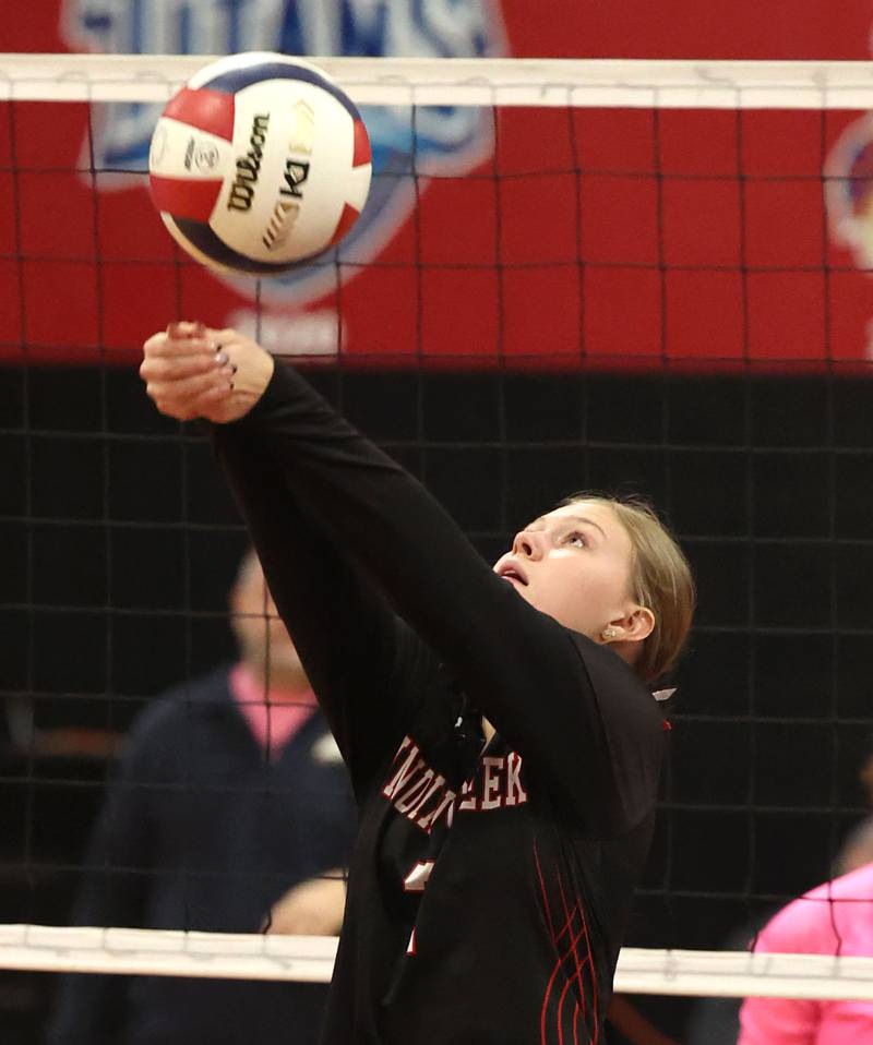 Indian Creek's Kaylie Johnson bumps the ball during their match against Hiawatha Tuesday, Oct. 15, 2024, at Indian Creek High School in Shabbona.