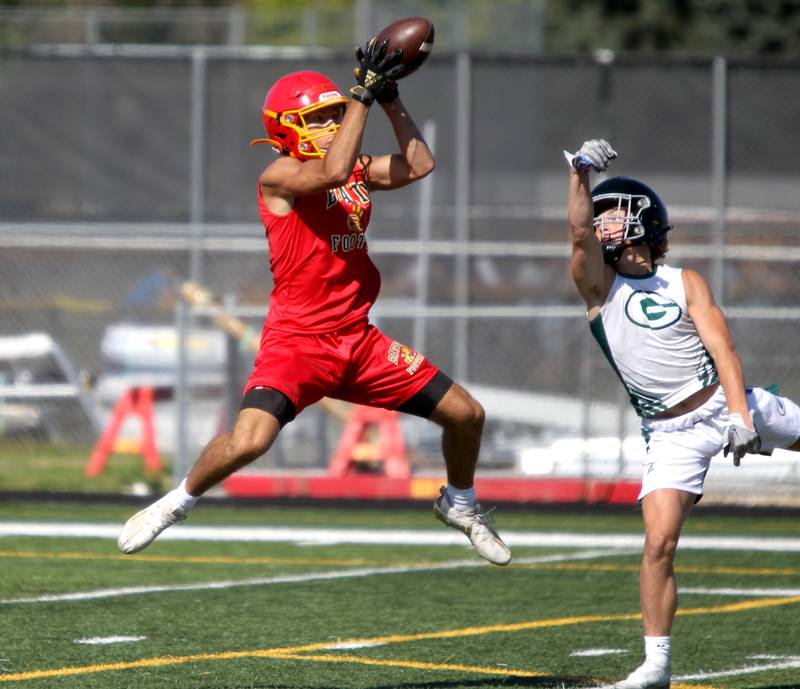 Batavia’s Luke Alwin makes a catch during a 7 on 7 football tournament at Batavia High School on Thursday, July 14, 2022.