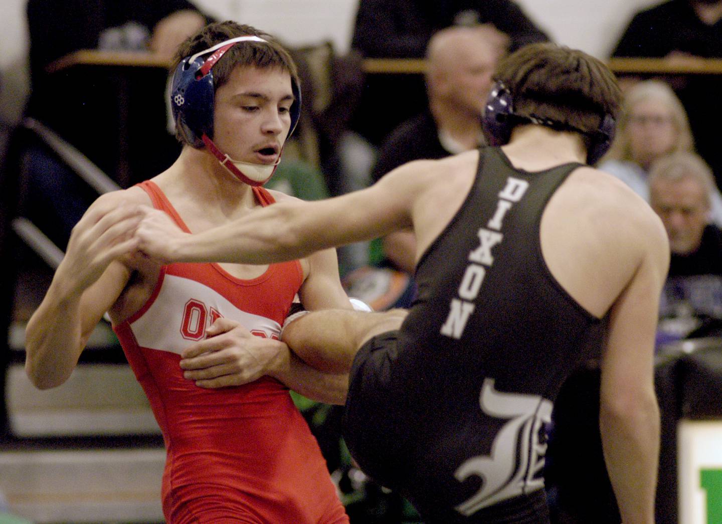 Isaiah Perez  of Oregon and  Doolan Long of Dixon mix it up. Rock Falls, Dixon and Oregon  wrestled in a meet at Rock Falls. The event took place on January 21, 2026.