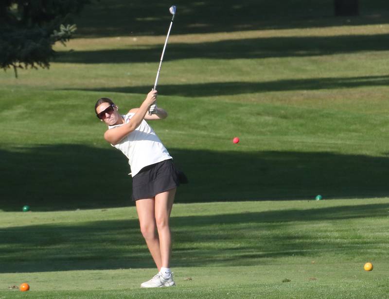 L-P's Charlie Slusarek tees off on Monday, Sept. 8, 2025 at Deer Park Golf Club in Oglesby.