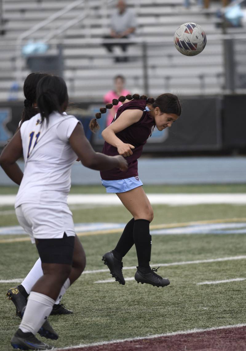Kankakee's Izalia Quezada plays the ball in the box in a game against Crete-Monee on May 12, 2025.