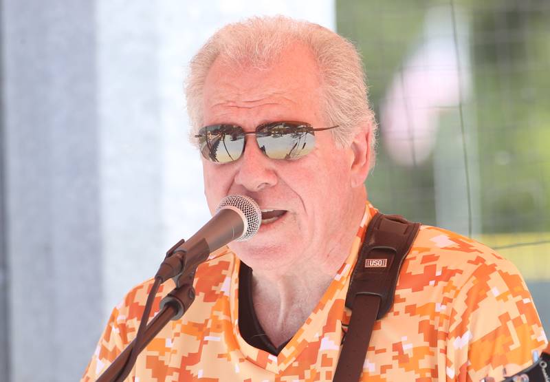 Joe Contapio sings patriotic songs before the Illinois Valley Pistol Shrimp game honoring Veterans on Thursday, July 3, 2025 at Schweickert Stadium in Peru.