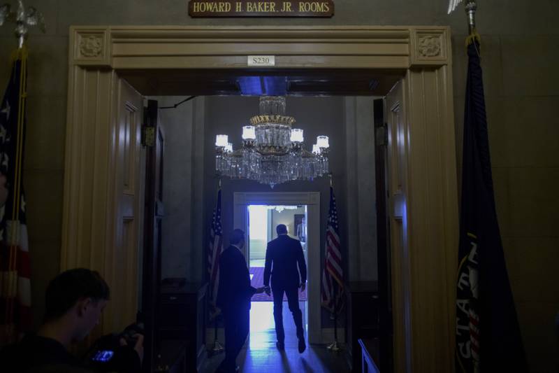 Senate Majority Leader John Thune, R-S.D., walks to his office from the Senate chamber as Senate Republicans vote on President Donald Trump's request to cancel about $9 billion in foreign aid and public broadcasting spending, at the Capitol in Washington, Wednesday, July 16, 2025.(AP Photo/Rod Lamkey, Jr.)