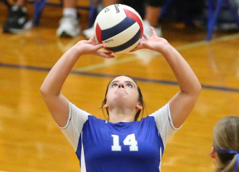 Princeton's Rylie Rauh sets the ball in play against L-P on Tuesday, Aug. 27, 2024 at Princeton High School.