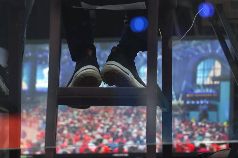 Reporter and NFL insider Adam Schefter wears sneakers while reporting the 2023 NFL Draft live on Thursday, April 27, 2023 in Kansas City, MO.