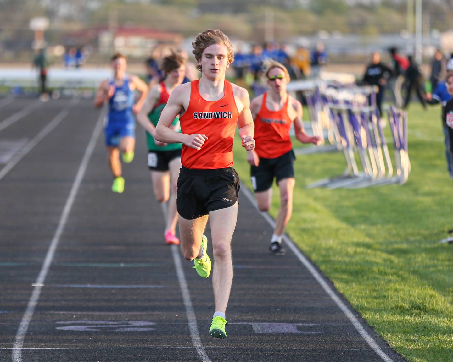 Sandwich's Wyatt Miller wins the 800 meters at the Field of Dreams Plano Invitational.  April 21, 2023.