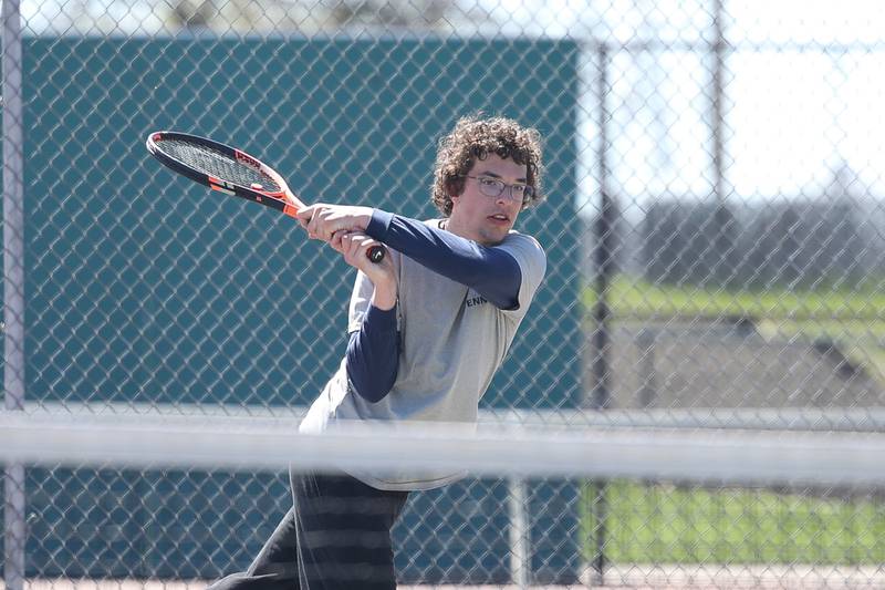 Plainfield South’s Nick Chance returns a shot against JCoal City’s Martin Ramirez on Saturday, April 6, 2024 in Joliet.