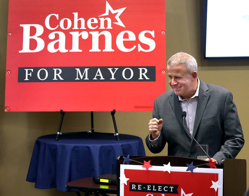 DeKalb Mayor Cohen Barnes, who is running for reelection, talks optimistically as early returns are posted Tuesday, April 1, 2025, during his election night party at Faranda's Banquets in DeKalb.