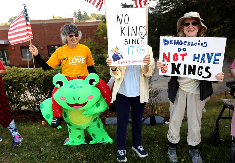 Judy Stettner wears a frog costume while protesting during a "No Kings” protest rally on Saturday, Oct. 18, 2025, along Route 31 in McHenry. The protest drew thousands of protesters to the area to protest the policies of President Donald Trump.
