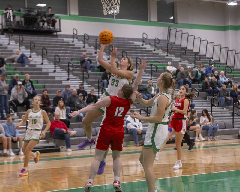 Audry McNabb of Seneca High School drive to the basket against Streator during the Falcon-Irish Girls Basketball Tournament on November 19, 2024 at Seneca High School.