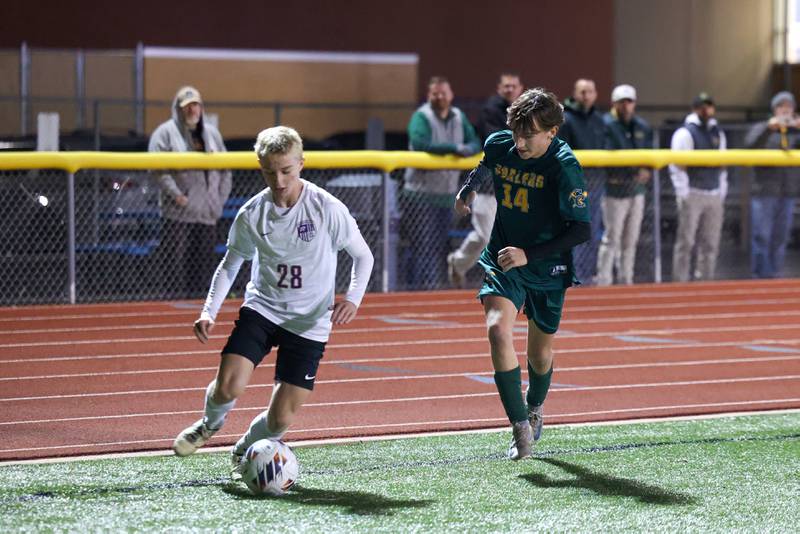 Coal City’s Creed Macaluso, right, defends Williamsville's James Harter during the Coalers' 1-0 victory over Williamsville in the IHSA Class 1A Maroa-Forsyth Super-Sectional on Monday, Nov. 3, 2025.