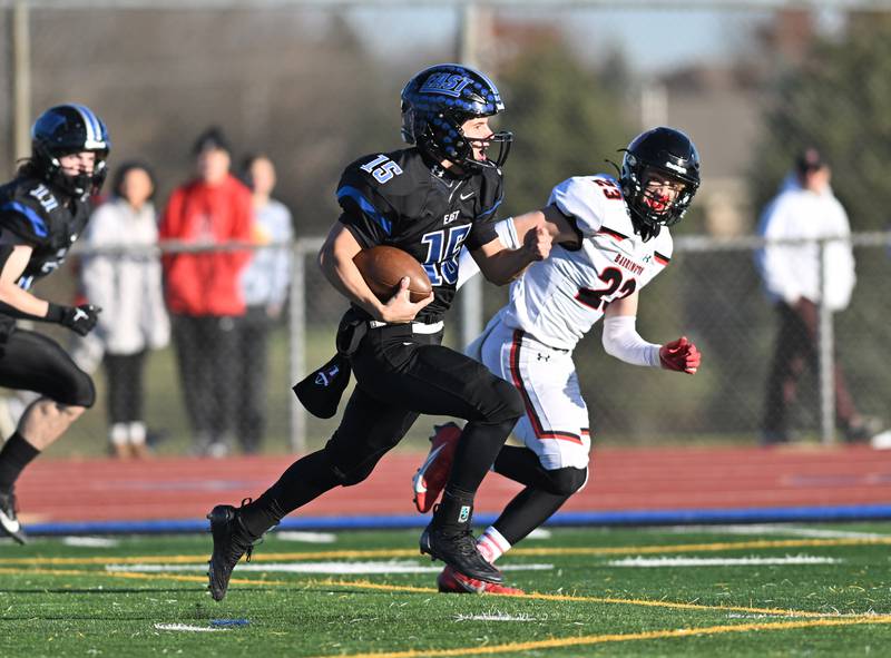 Lincoln-Way East's quarterback Braden Tischer runs for a touchdown during the IHSA class 8A semifinals playoff game against Barrington on Saturday, Nov. 18, 2023, at Frankfort. (Dean Reid for Shaw Local News Network)