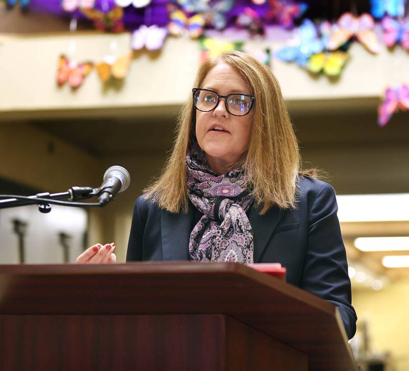 Judge Marcy Buick speaks Monday, Oct. 3, 2022, at the Egyptian Theatre during the Safe Passage domestic violence vigil.