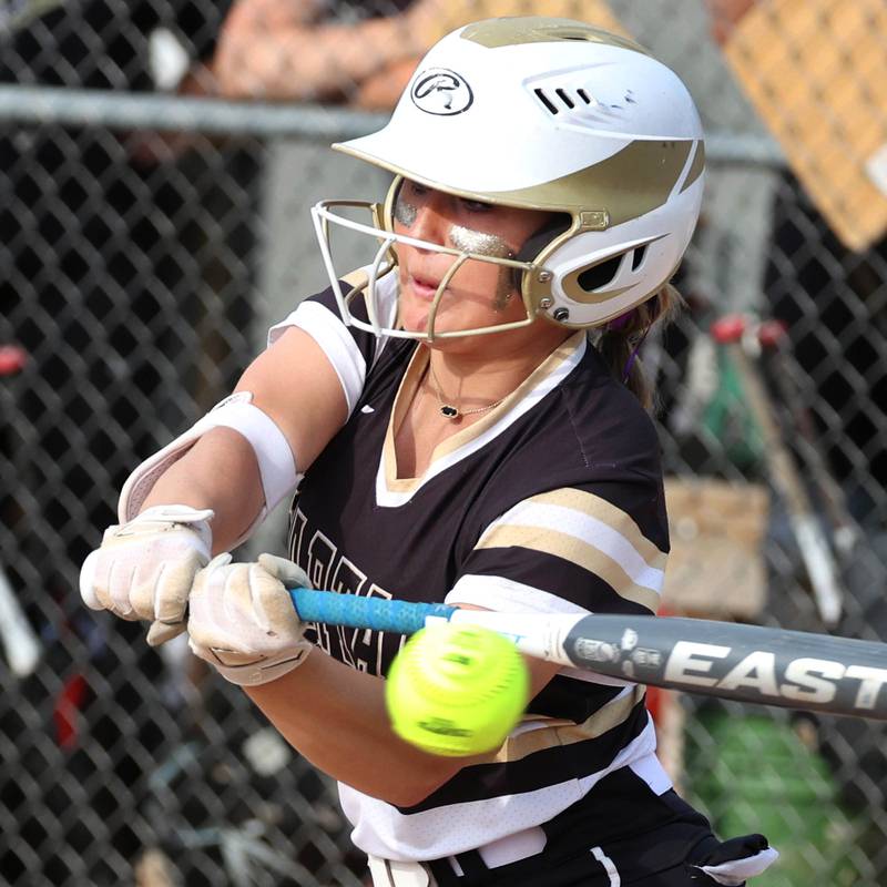 Sycamore's Addison McLaughlin slaps a ball towards third base during their Class 3A supersectional game Monday, June 3, 2024, against Antioch at Kaneland High School in Maple Park.