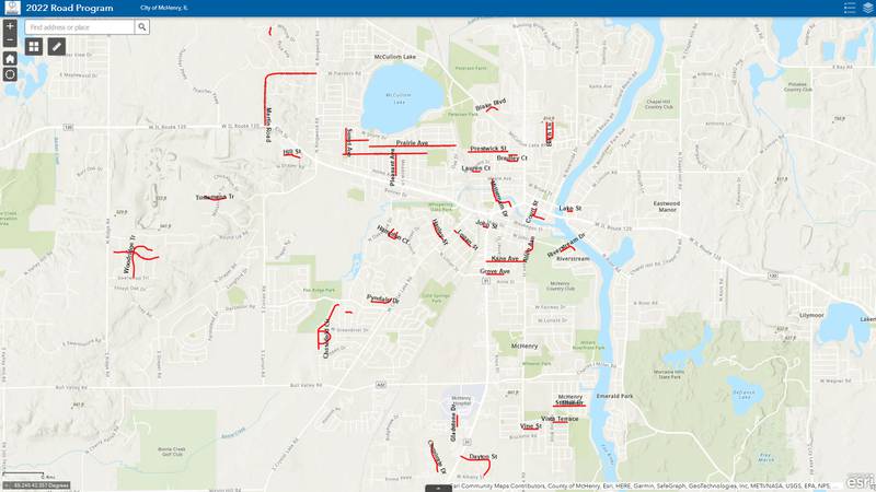 A screenshot of the map of work being done as part of McHenry's road resurfacing program this year. The work will cover nearly 40 roads.