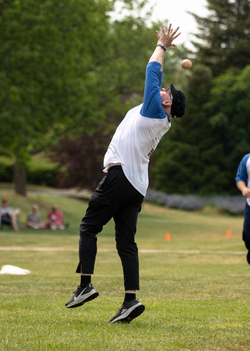 A pitcher on Elmhurst University’s team misses a pop fly during the Elmhurst Heritage Foundation's Vintage Baseball Game at Elmhurst University Mall on Sunday, June 4, 2023. Both teams from the city of Elmhurst and Elmhurst University played with baseball rules from 1850.