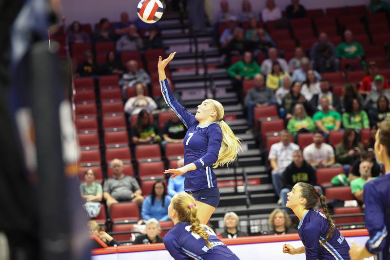 Nazareth's Lexi Van Eekeren tips the ball over the net during Nazareth's victory in two sets, 25-16, 25-17, over Providence in the IHSA Class 3A State semifinals on Friday, Nov. 14, 2025.