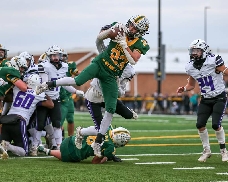 Coal City's Gavin Berger (23) catches a short pass for a touchdown during Class 4A quarterfinal football game between Dixon at Coal City on Saturday, Nov 16, 2024  in Coal City.