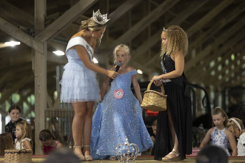 Burke Staples, 5, answers a question during the Little Miss Ogle County pageant, Thursday, July 30, 2025, at the Ogle County Fairgrounds.