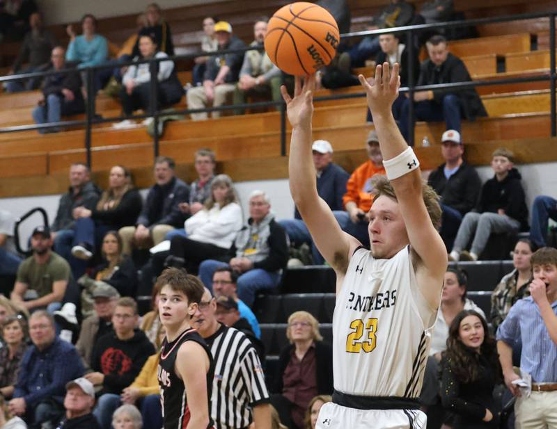 Putnam County's Braden Bickerman shoots a jump shot as Henry-Senachwine's Wyatt Wealer watches on Friday, Dec. 5, 2025 at Putnam County High School.