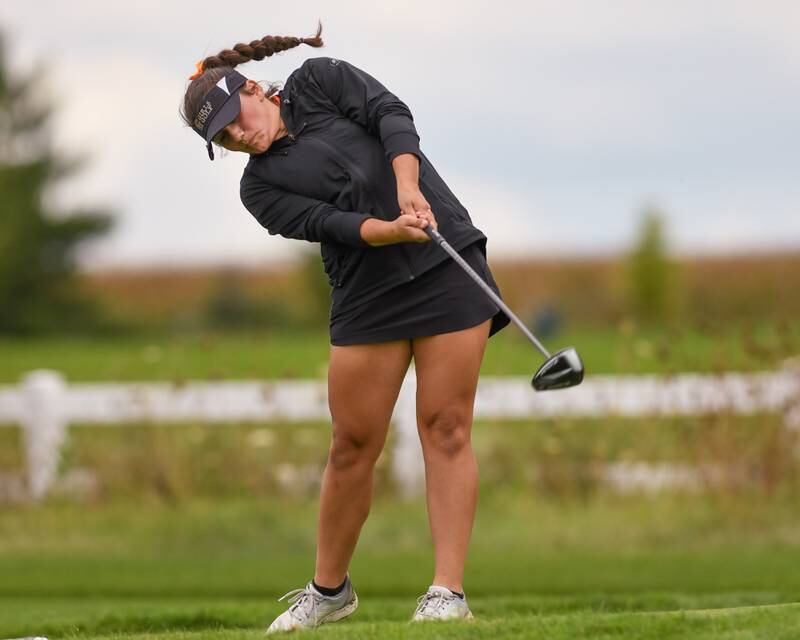 Plainfield East Alyssa Siegfried tees off during Class 3A Plainfield North Regional girls golf tournament on Thursday Sept. 28, 2023 at Whitetail Ridge in Yorkville.
