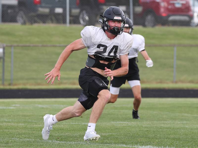 Sycamore's Kevin Lee drops into pass coverage as they scrimmage Lena-Winslow Thursday, July 24, 2025, during a joint practice with Byron, Lena-Winslow and Sycamore at Sycamore High School.