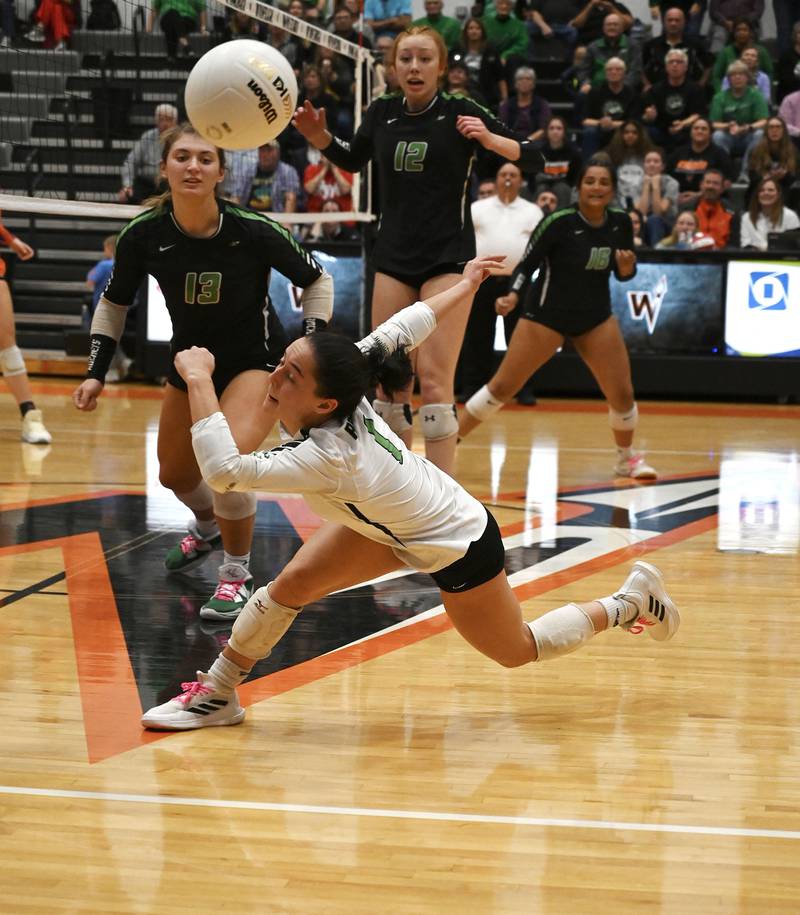 Rock Falls’ Carli Kobbeman tries to save the ball during the 2A sectional final on Wednesday, Nov. 2, 2022 against Genoa Kingston.