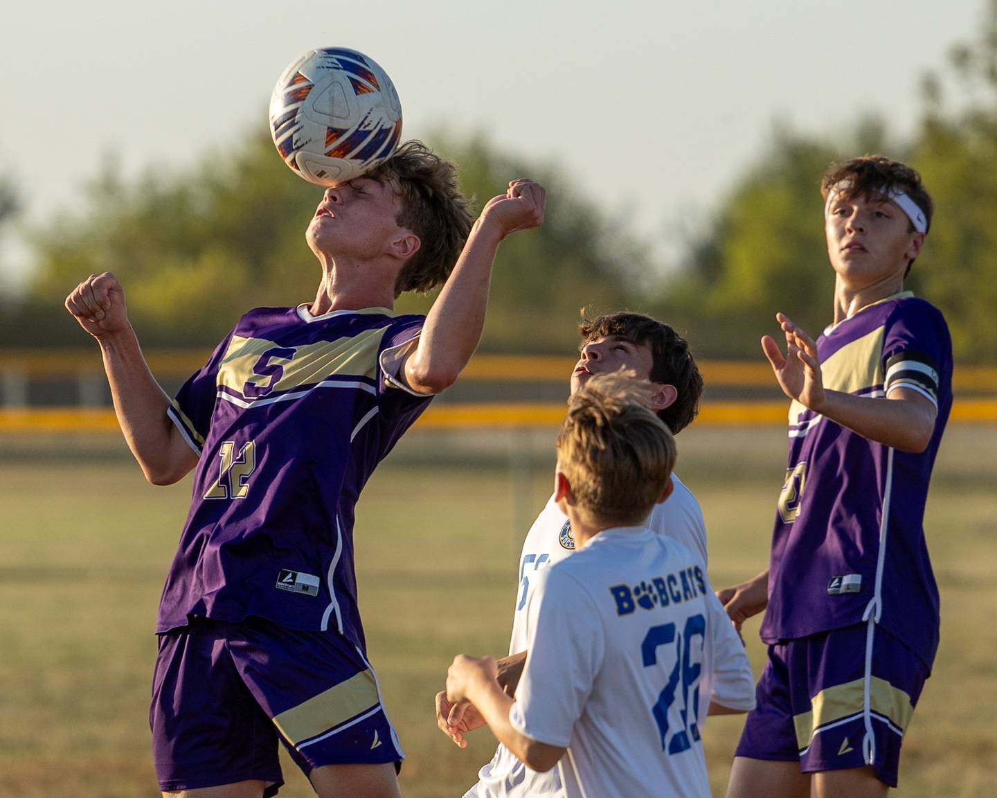 Thomas Pecerill (12) of Serena headers ball in game against Somonauk/Leland/Newark on Monday, Sept. 29, 2025, at Serena High School in Serena.