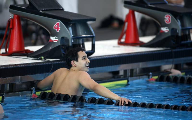 Hinsdale Central’s Luke Vatev finishes the 100-yard freestyle championship heat during the IHSA Boys State Championships on Saturday, March 1, 2025 at the FMC Natatorium in Westmont.