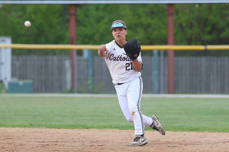 Joliet Catholic’s AJ Perez throw to first to end the inning against Nazareth on Wednesday, April 29, 2026 in Joliet.