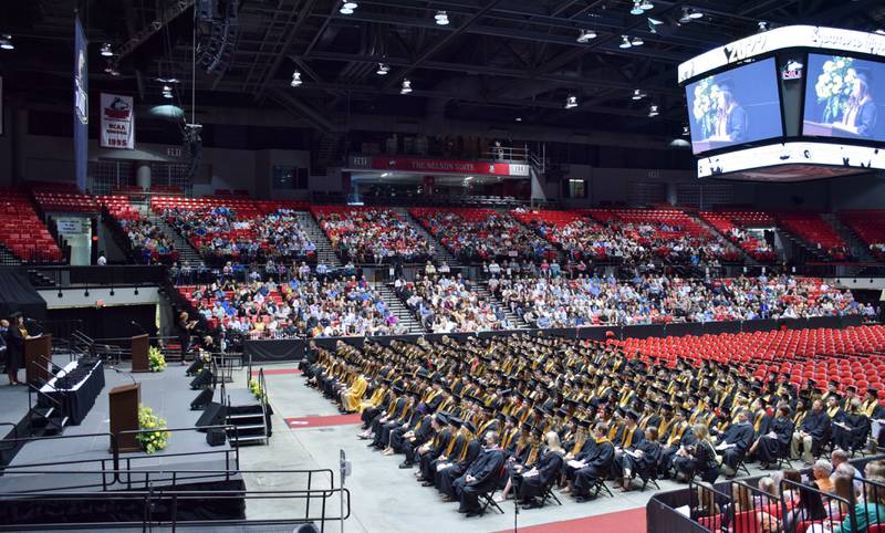 Sycamore High School's Class of 2022 Student Speaker Malarie Kae O'Sullivan addresses the crowd during the commencement ceremony, held Sunday, May 22, 2022 at Northern Illinois University's Convocation Center in DeKalb.