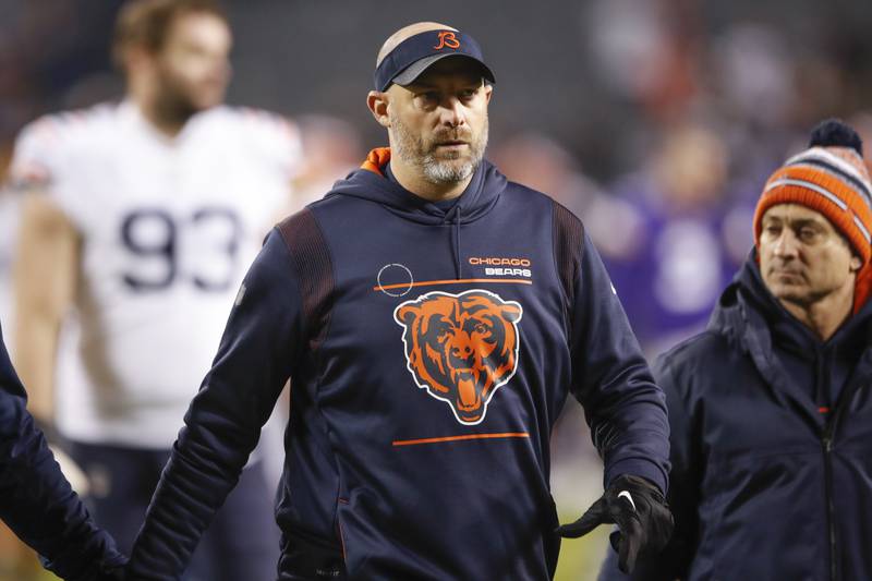 Chicago Bears head coach Matt Nagy walks off the field after facing the Minnesota Vikings, Monday, Dec. 20, 2021, in Chicago.