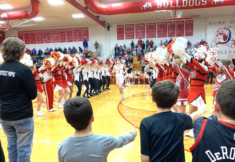 Streator senior Zander McCloskey (3) takes the floor during the introduction of starters Friday, Feb. 2, 2024, at Pops Dale Gymnasium.