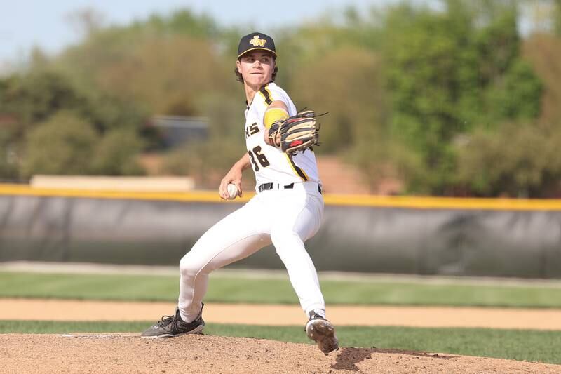 Joliet West’s Jimmy Anderson delivers a pitch against Joliet Central on Tuesday, May 9, 2023 in Joliet.