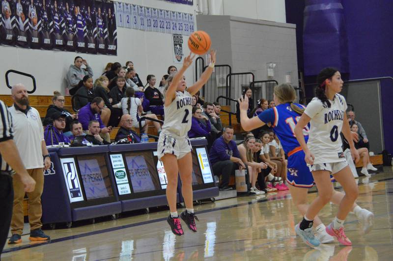 Rochelle's MacKenzie Bybee makes a 3-pointer during a JV basketball game with Genoa-Kingston. Rochelle won 37-23.