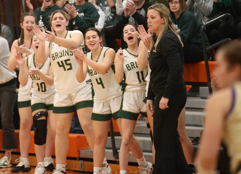 Members of the St. Bede Lady Bruin girls basketball team react in the closing minutes against Serena in the Class 1A Sectional final game on Thursday, Feb. 22, 2024 at Gardner-South Wilmington High School.