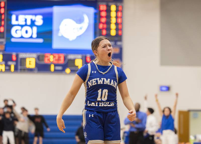 Newman’s Elaina Allen celebrates a three-point shot against Wethersfield Thursday, Feb. 26, 2026, in the Class 1A sectional final at Eastland.