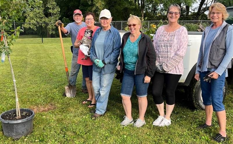 (Left to right); Morrison Garden Club members Vern Latwesen, Charla Olson, Mary Latwesen, Sharon Moore, Becky Brady and Jan Mayes donating and planting trees for the On the Move with Parks and Recreation group at the Morrison Bark Park. On the Move would like to thank the Morrison Garden Club for their donations and support.