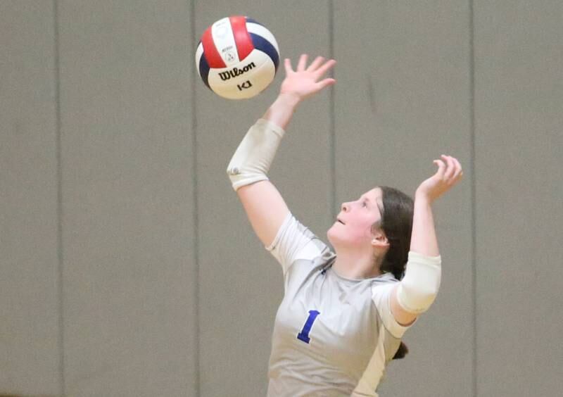 Princeton's libero Camryn Driscoll serves up the ball against L-P on Tuesday, Aug. 27, 2024 at Princeton High School.
