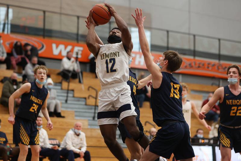Lemont’s Miles Beachum takes a shot against Neuqua Valley in the Warrior Showdown shootout at Lincoln-Way West. Saturday, Jan. 29, 2022 in New Lenox.