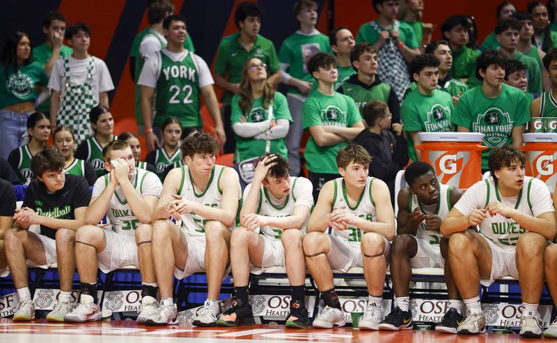 Time runs out for York during the IHSA Class 4A boys basketball state semifinal against Marist Friday, March 13, 2026 at the State Farm Center in Champaign.