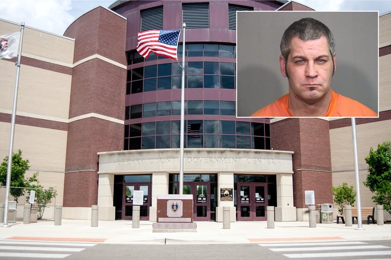 Inset of Eric H. Hanstad in front of Northwest Herald file of the McHenry County courthouse.
