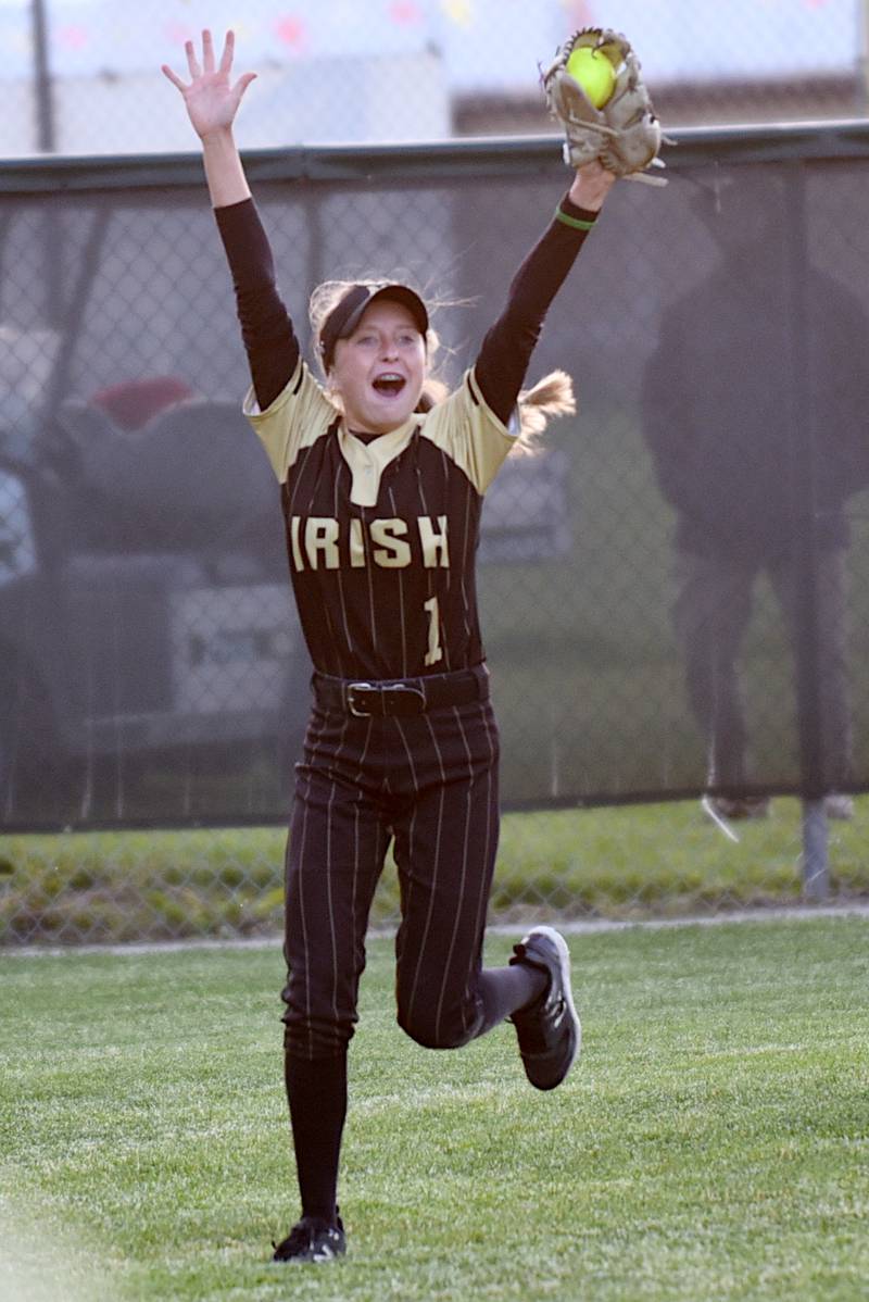 Bishop McNamara's Maddy Weiland reacts after catching the final out of the Fightin' Irish's 5-2 All-City win over Bradley-Bourbonnais at home Thursday, May 7, 2026.