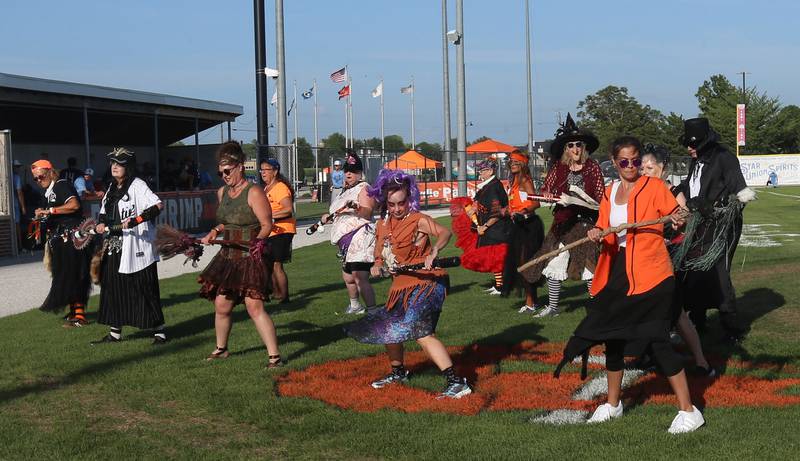 The Hocus Pocus Hags perform during the Illinois Valley Pistol Shrimp Halloween in July on Wednesday, July 23, 2025 at Schweickert Stadium in Peru. The event featured a Trick or Treat Scavenger Hunt presented by Peru Federal Savings Bank, Pregame Performance from the Hocus Pocus Hags and a kids costume parade.