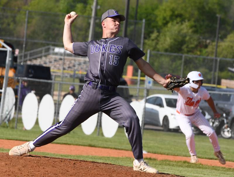 Dixon's Daniel Fordham pitches against Byron during a Big Northern Conference game in Byron on Monday, May 11, 2026.