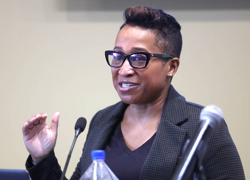 Kristen Broady, senior economist, economic advisor, and director of the Economic Mobility Project at the Federal Reserve Bank of Chicago, speaks Wednesday, March 25, 2026, during the DeKalb County Economic Development Corporation’s annual economic outlook luncheon Wednesday at Faranda’s Banquets in DeKalb.